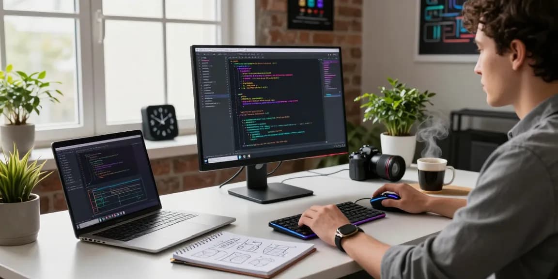 WPS Download in a professional tech workspace featuring modern coding tools and productivity items