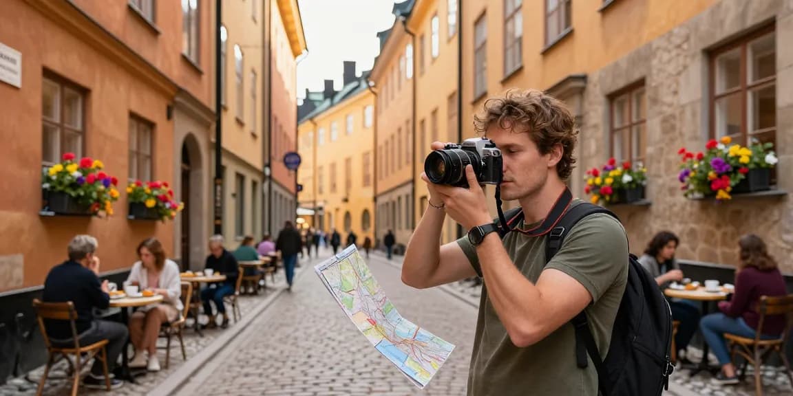 Saker att göra i Stockholm: Utforska Gamla Stan med en karta och kamera i hand.