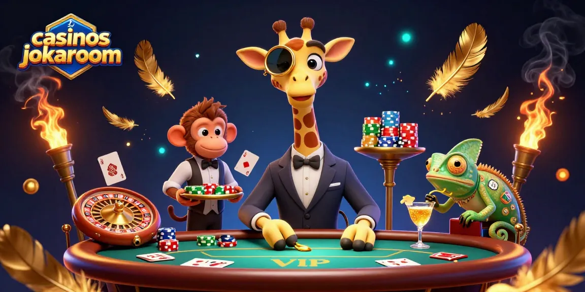Engage with paypal casinos jokaroom where a high-roller giraffe alongside a monkey valet and chameleon bartender dominate a vibrant casino scene.