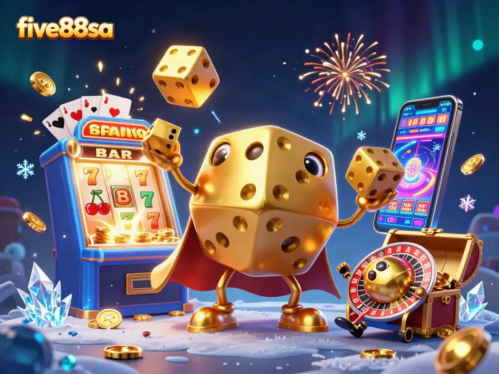 Experience thrilling action with five88sa as golden dice juggle in a vibrant casino setting.