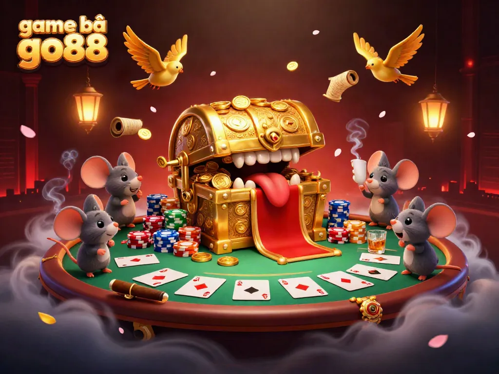 Experience exciting game bài go88 with golden treasure, poker chips, and rich gaming environment.