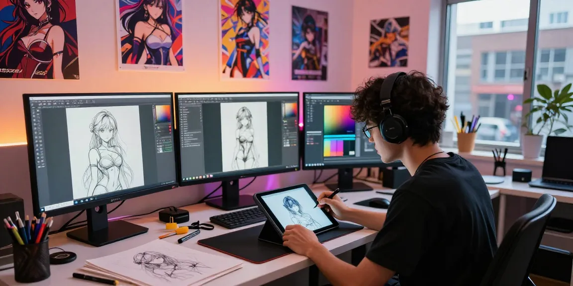 Creating ai hentai art in a modern digital studio with vibrant screens, tools, and an artist focused on character design.