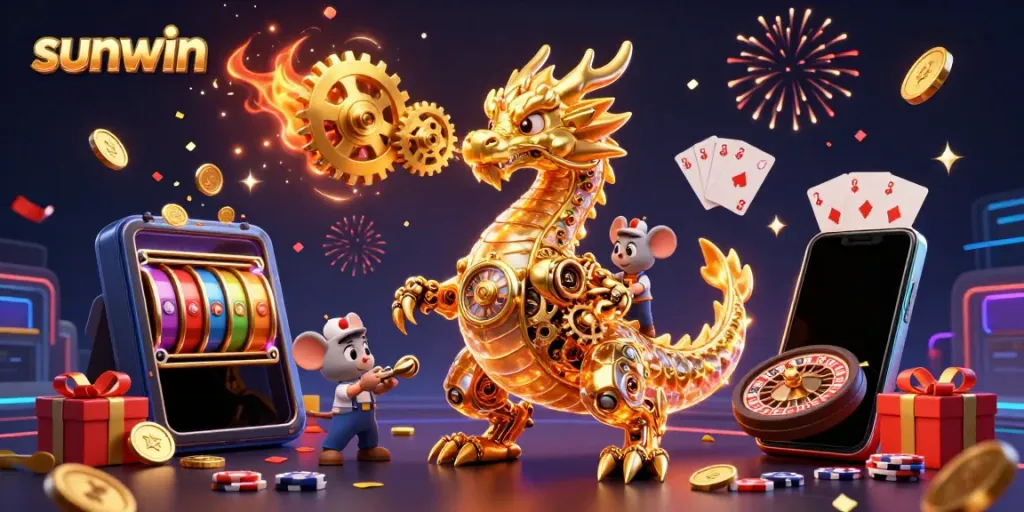 Experience the excitement of winning with sunwin's vibrant casino scene featuring a biomechanical dragon and dynamic gaming elements.