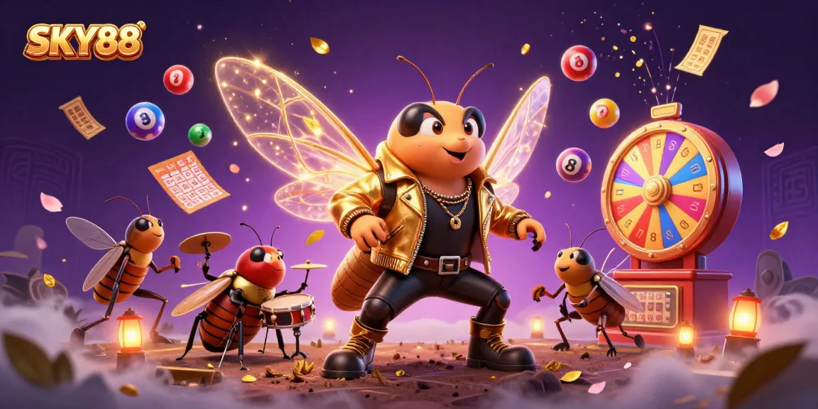 Experience the thrilling world of SKY88 with a vibrant 3D scene featuring rock stars and gaming elements.