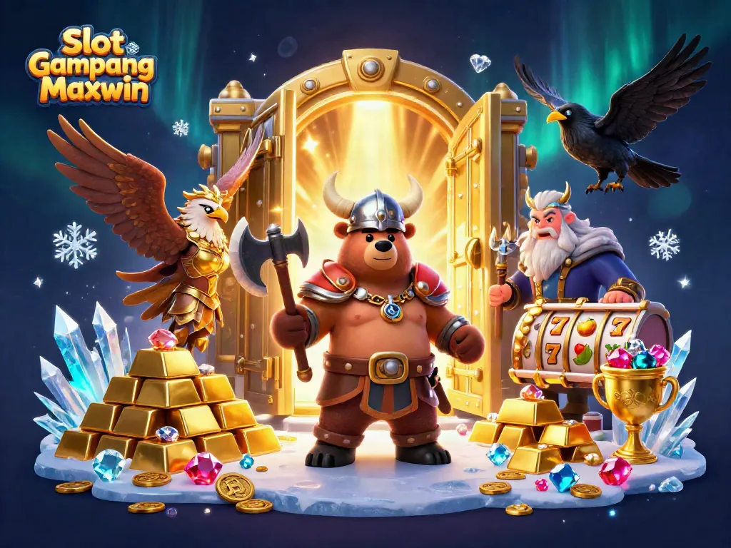 Engage in Slot Gampang Maxwin adventures with cartoon Viking and Valkyrie amidst treasures and slot reels.