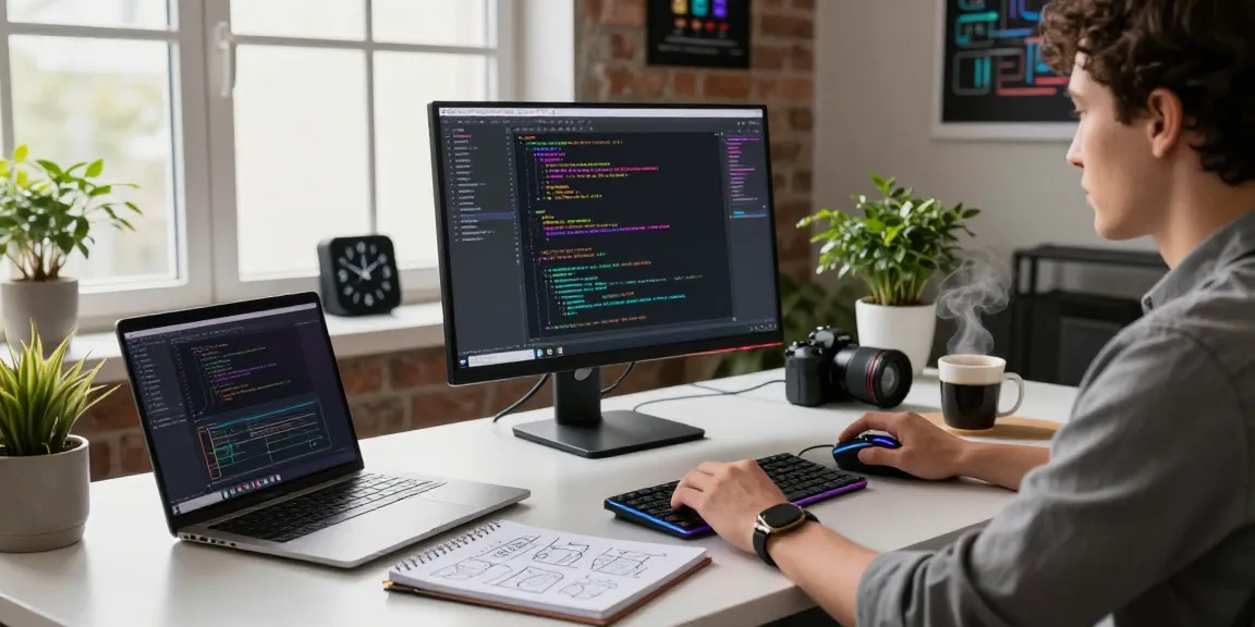 WPS Download in a professional tech workspace featuring modern coding tools and productivity items