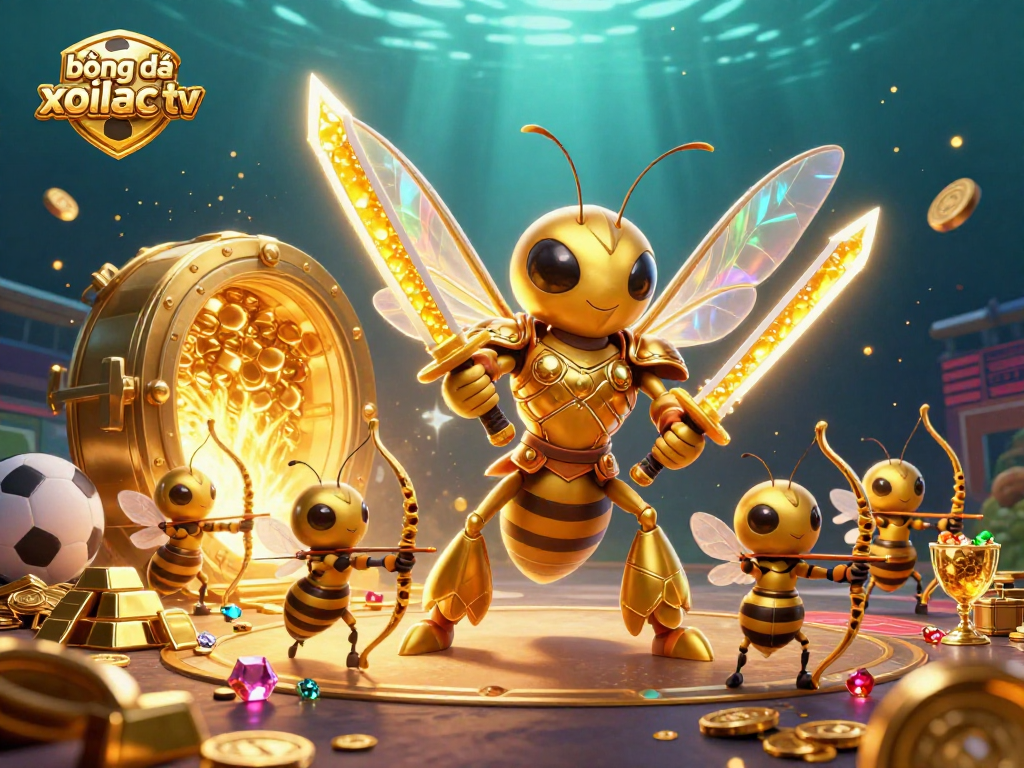 bóng đá trực tuyến xoilac tv sports betting scene featuring a giant golden hornet and bee archers in action.