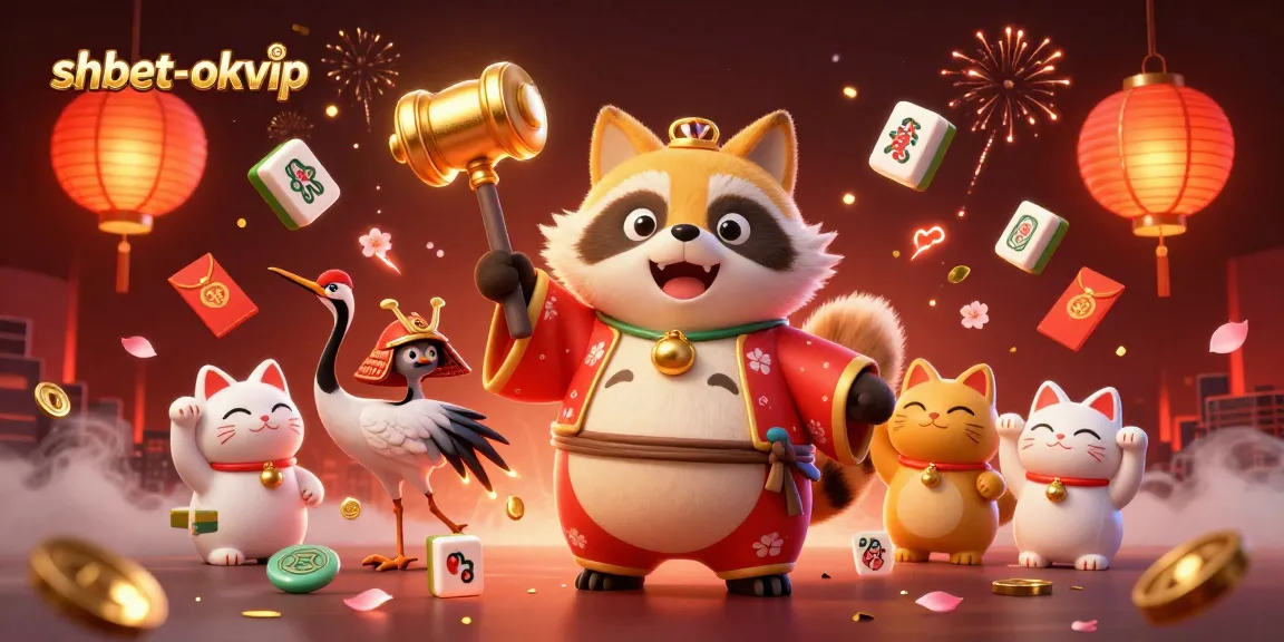 Play exciting games at shbet-okvip with a cheerful tanuki and vibrant decorations in a festive casino atmosphere.