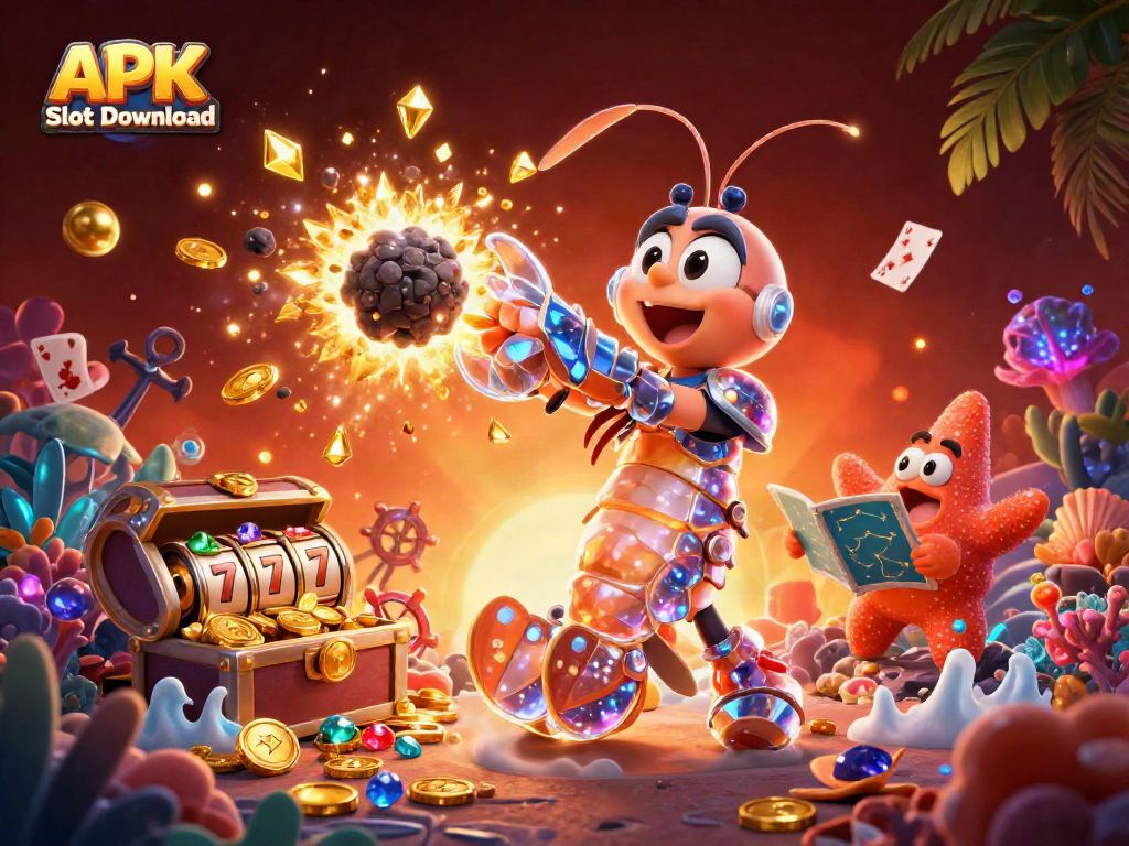 Spin to win with APK Slot Download featuring exciting slot reels and golden treasures in a vibrant scene!