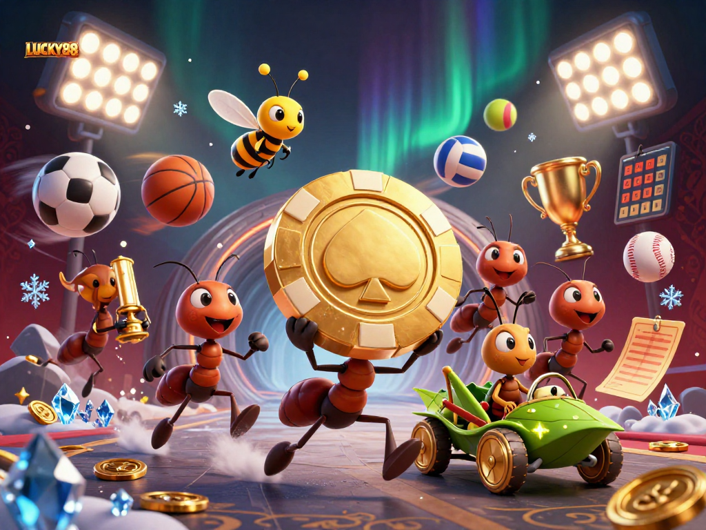 Engage in thrilling action at LUCKY88 with playful ants and gold poker chips in a dynamic gaming scene.