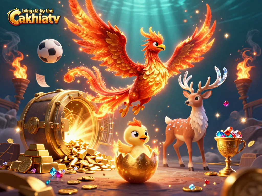 Bet on bóng đá trực tuyến cakhiatv as a vibrant phoenix rises amidst treasure-filled energy.