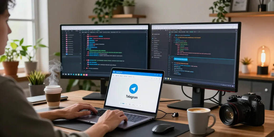 Engaging with the Telegram web version in a modern home office filled with tech gadgets and cozy decor.