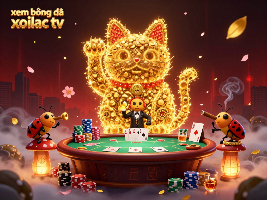 Engage with xem bóng đá xoilac tv through this vibrant 3D illustration showcasing a lucky cat amidst poker elements.