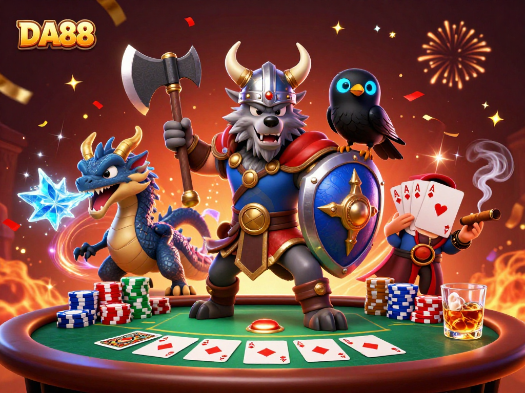 Engage with DA88's thrilling poker showdown featuring a Viking wolf warrior and magical dragons.