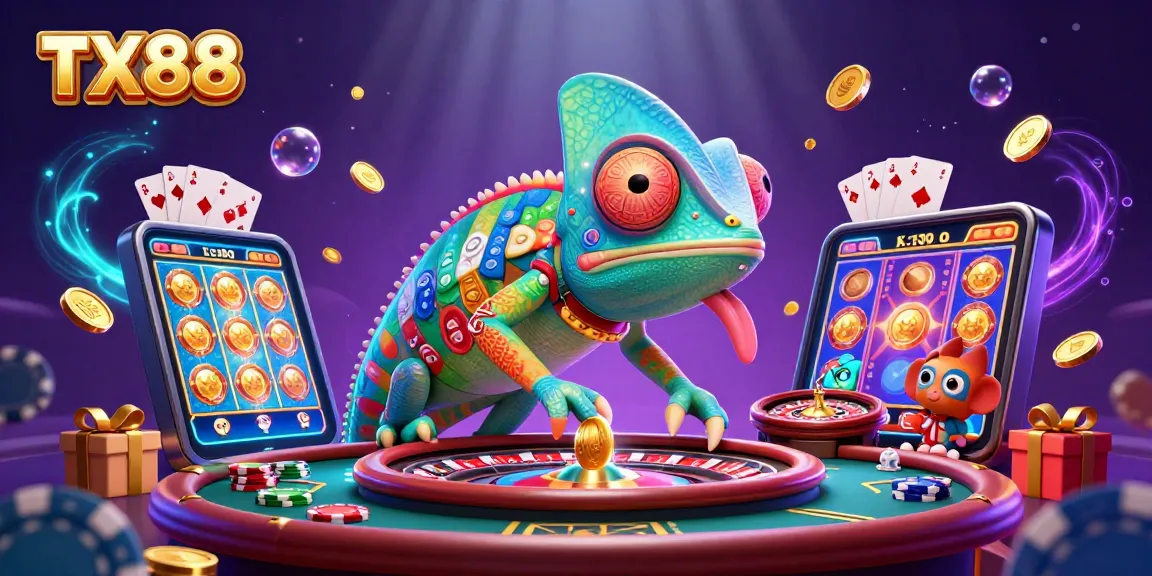 TX88 chameleon casino owner engaging with games and golden coins in a lively casino scene.