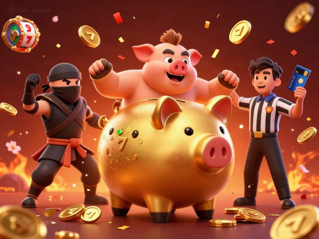 Experience the ultimate slot jackpot excitement with a dynamic casino-themed scene of golden characters and game elements.