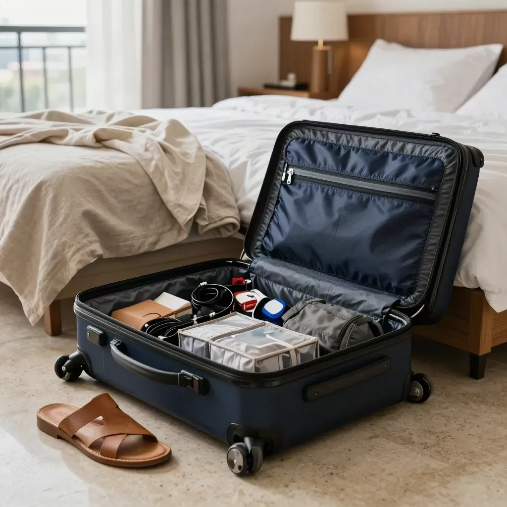 Öppen kabinväska bredvid hotellsäng, sandaler, laddare och packpåse i hastig last-minute-miljö.