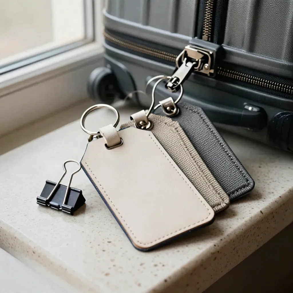 Tre bagagetaggar på en resväskezipper med ett metallklämma, i mjukt sidoljus.