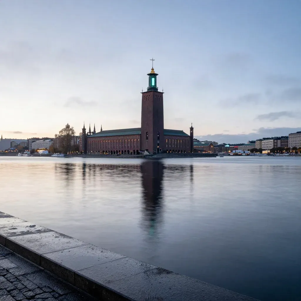 Stockholms stadshus och Gamla stan högt över Mälaren i blå timme efter regn.