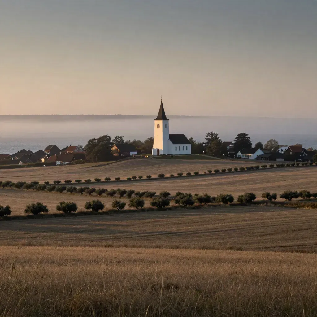Skånes Österlen med kyrktorn, böljande fält och havsdimma i gyllene kvällsljus.