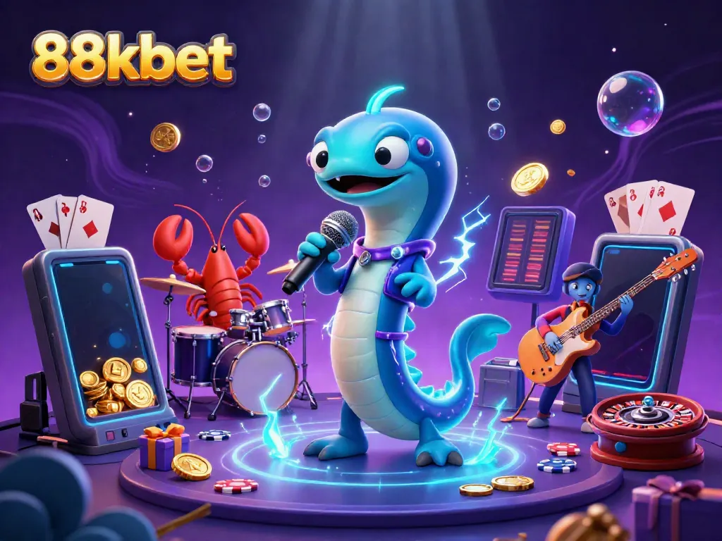 Illustration of the 88kbet electric eel DJ entertaining in an underwater casino with vibrant gaming elements.