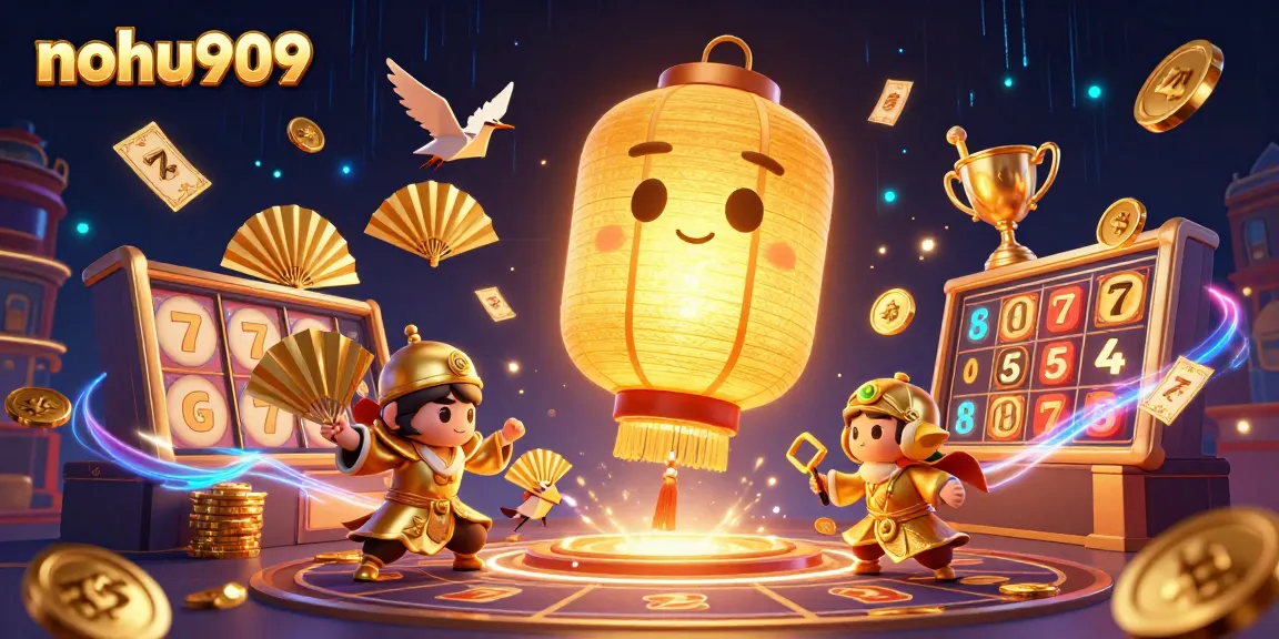 Experience the magic of nohu909 with an enchanting golden lantern spirit above dynamic slot reels and casino elements.