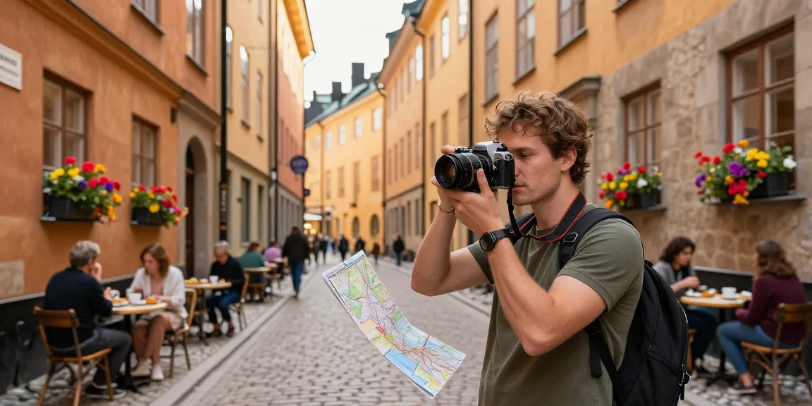 Saker att göra i Stockholm: Utforska Gamla Stan med en karta och kamera i hand.