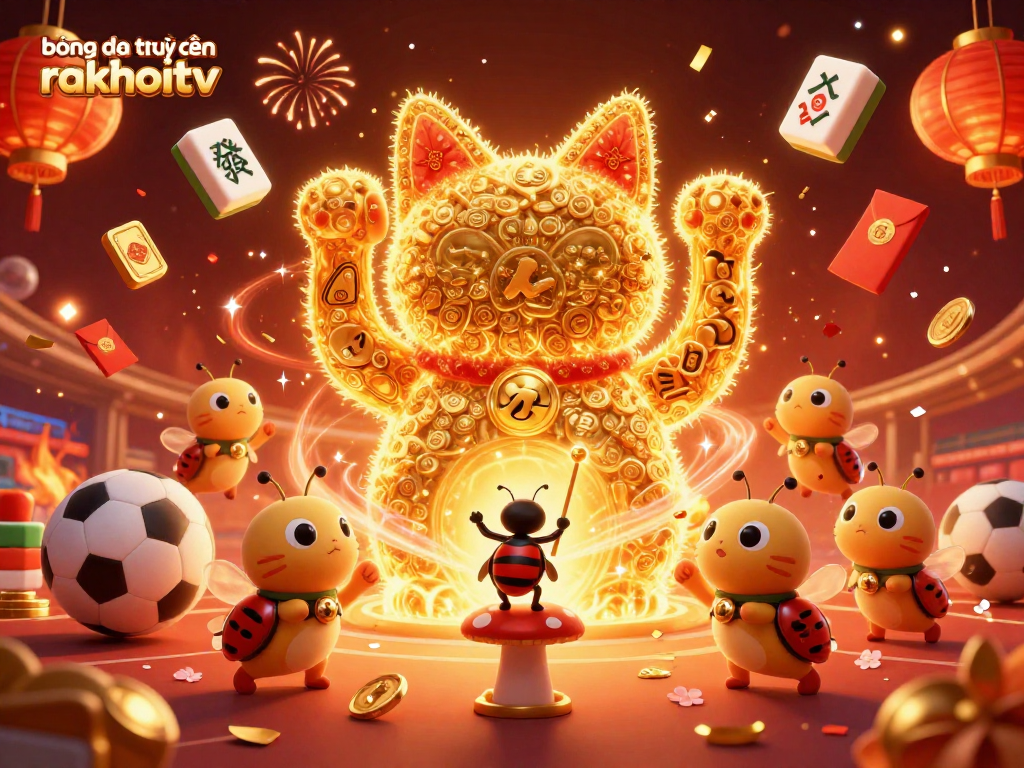 bóng đá trực tuyến rakhoitv showcases an energetic scene with a lucky cat made of glowing fireflies amidst sports elements and casino symbols.
