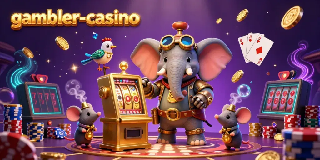 Experience the excitement with gambler-casino's steampunk elephant engineer at a lively slot machine!