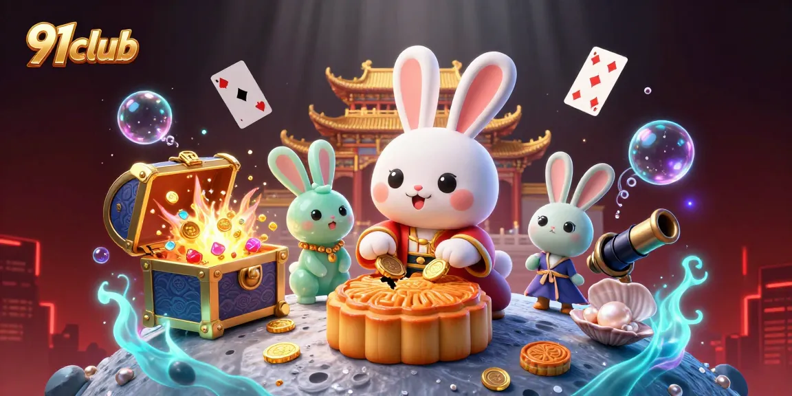 Experience thrilling gaming with 91club illustrated as a moon rabbit surrounded by casino elements.
