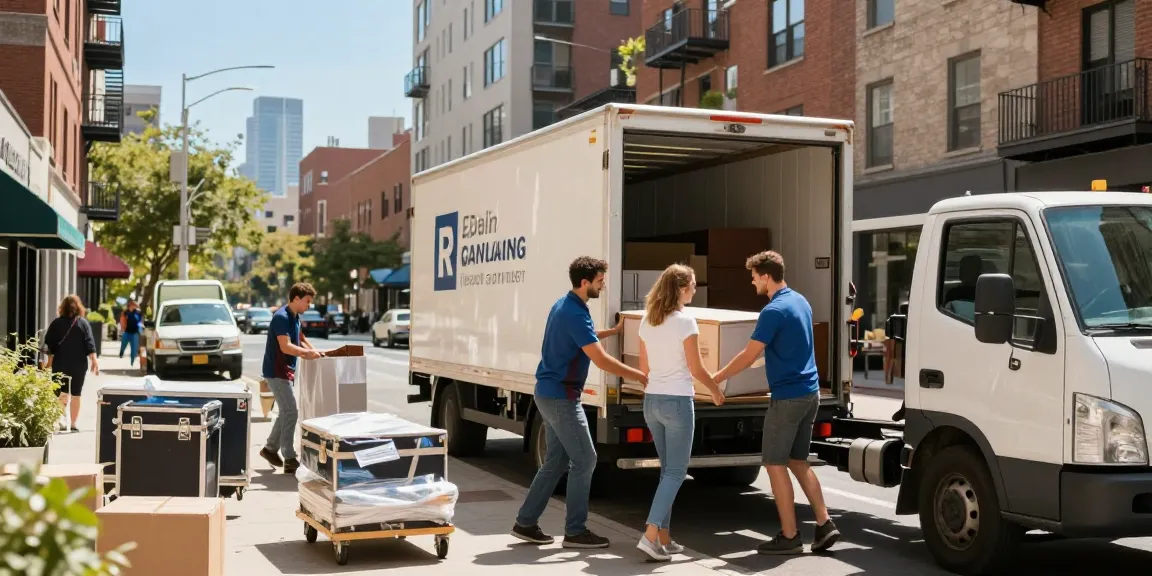 Movers efficiently loading items for a Flyttebyrå service in the city.