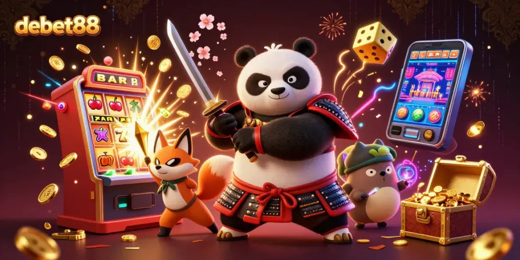 Experience debet88's thrilling jackpot action featuring a samurai panda and dynamic gameplay elements.