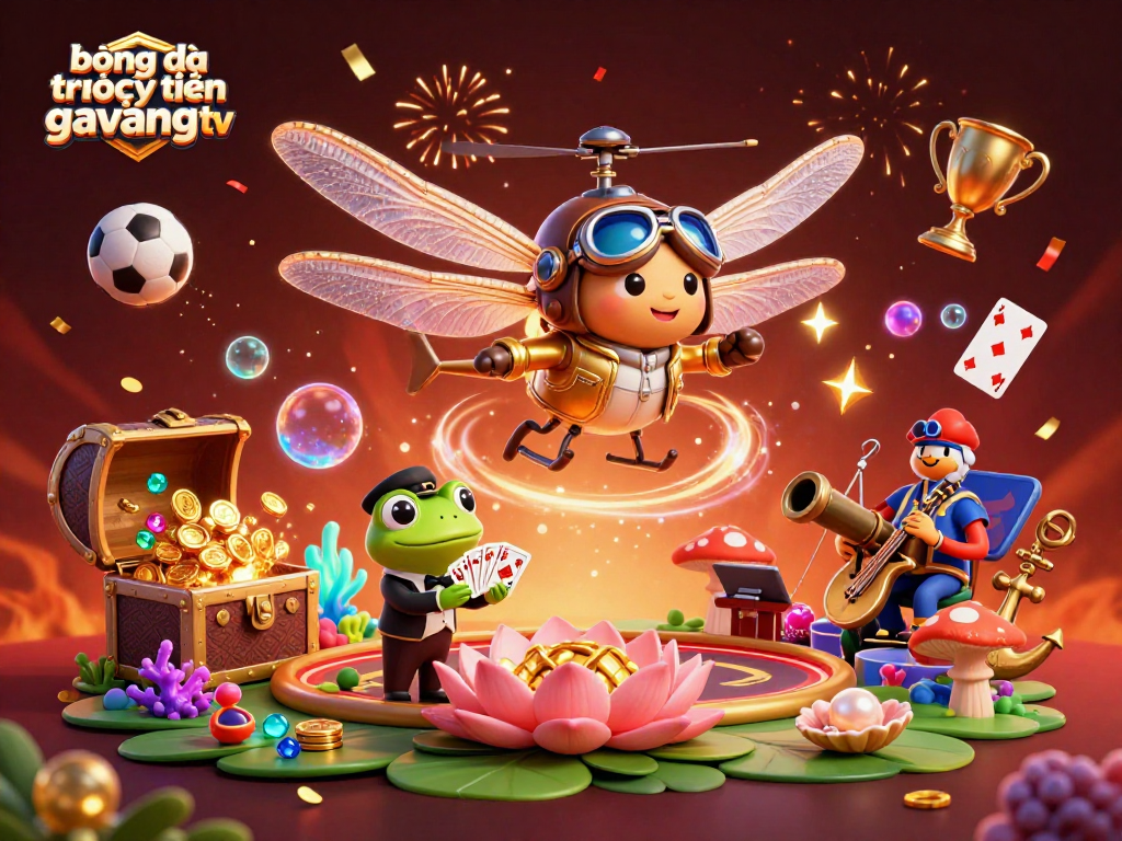 Bóng đá trực tuyến gavangtv showcases vibrant sports betting and casino elements with animated characters.
