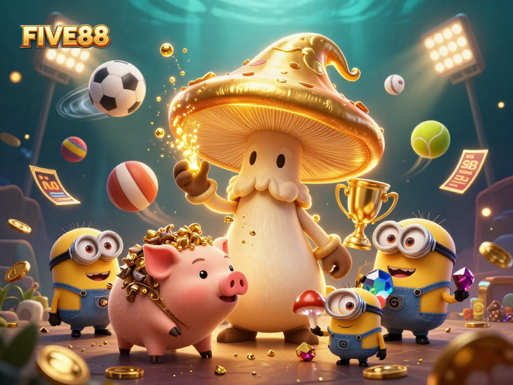 Engage with the magical world of FIVE88 as sports balls and golden treasures come to life.